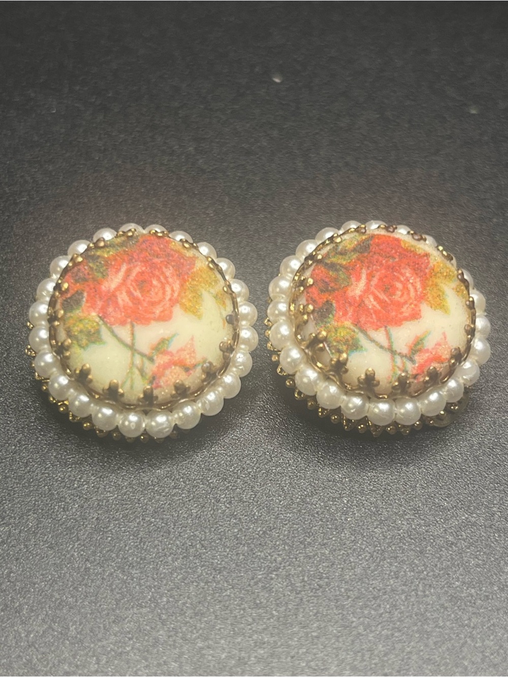 Vintage West Germany Rose Floral Faux Pearl Clip On Earrings